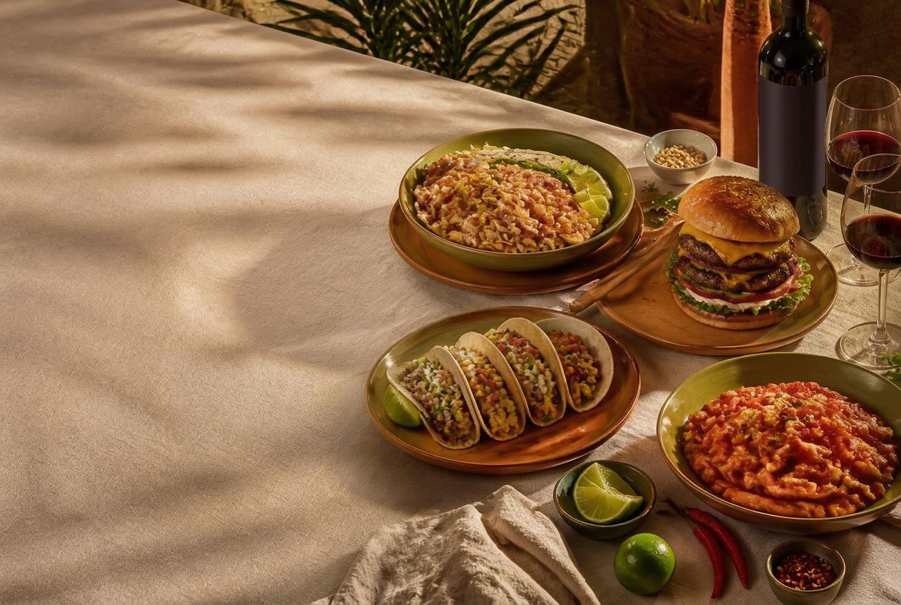 Thai noodles, a burger, tacos, pasta and red wine served together on a Sayulita table